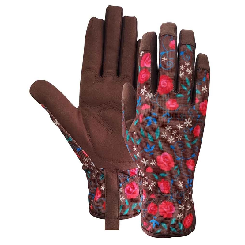 Tight Fitting Gardening Work Gloves Synthetic Leather Spandex Floral Printing